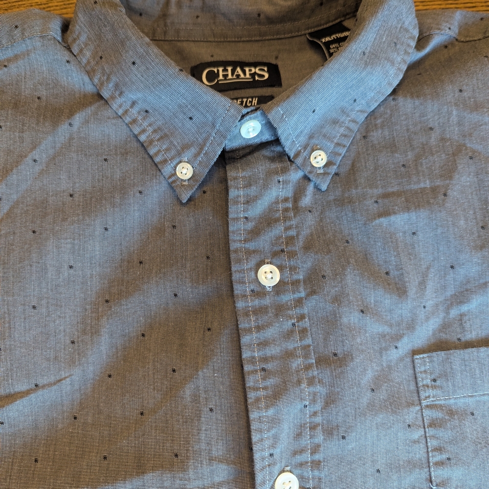 EUC CHAPS Mens XXL Stretch Easy Care Gray/Black Dots Long Sleeve Dress Shirt